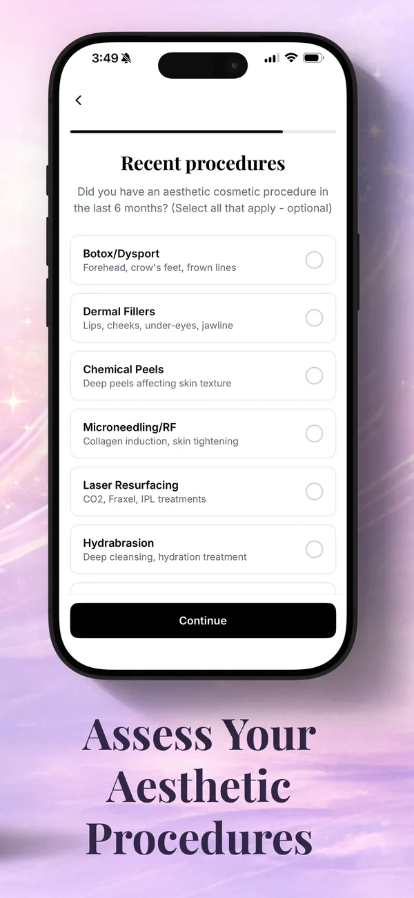 FaceGauge recent procedures questionnaire screen